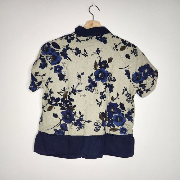Ease Sport Womens Small Linen Crop Button Down Top Floral Collared - Picture 5 of 5